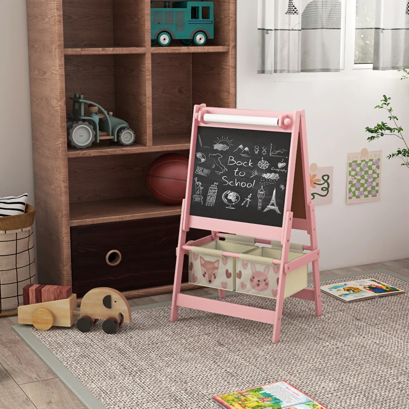 AIYAPLAY Caballete Infantil 3 en 1 Caballete para Niños de Doble Cara con Rollo de Papel Pizarras y 2 Cestas 54x46,5x93 cm Rosa