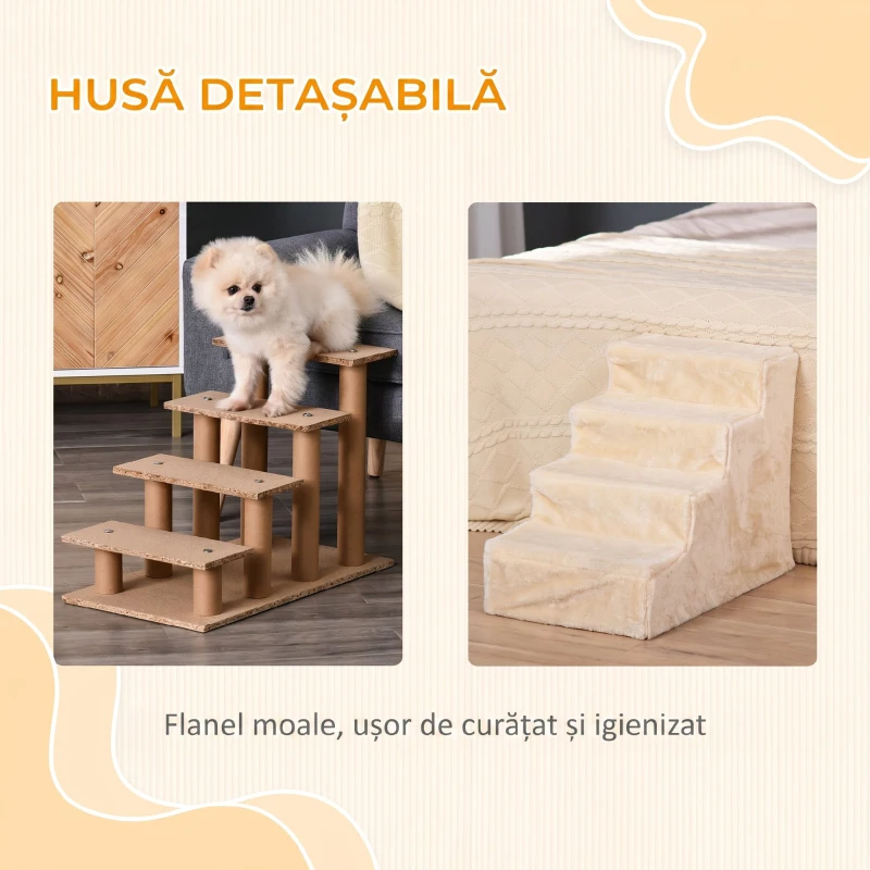 PawHut Scară Portabilă pentru Câini cu 4 Trepte, din Țesătură Catifelată, Detasabilă și din Placă Aglomerată, 60x35x44 cm, Bej