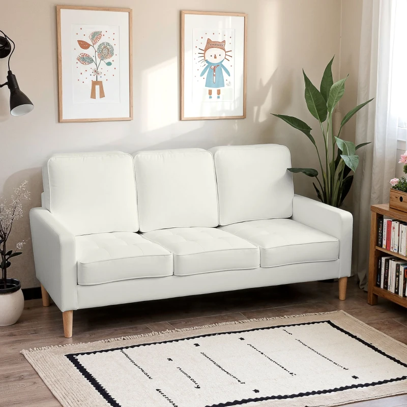 HOMCOM 3-zitsbank met dikke kussens, rubberwood, stoffen bekleding, gestoffeerde bank voor woonkamer, kantoor, slaapkamer, Crème(m-7)
