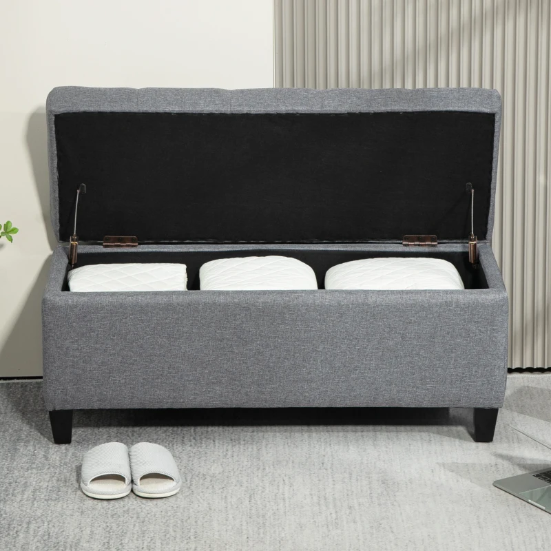HOMCOM Zitbank, Gestoffeerde Bank met Opbergruimte, Linnenachtig Polyester, Rubberhout, 100 x 40 x 44 cm, Lichtgrijs(m-8)