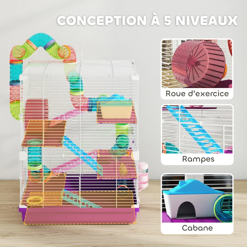 PawHut Cage pour hamster rongeur 4 étages avec tunnels mangeoire roue maison échelles 46 x 30 x 58 cm violet(m-6)