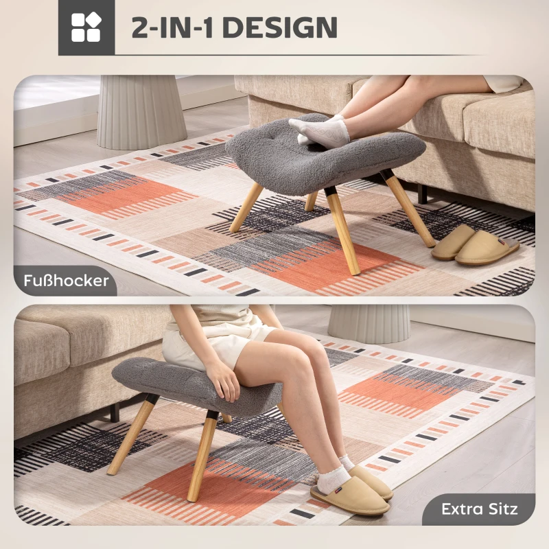 HOMCOM Moderne Voetbank met Fleece-bekleding en Houten poten, Gepolsterd, Voor Woonkamer, Slaapkamer, Hal, Donkergrijs