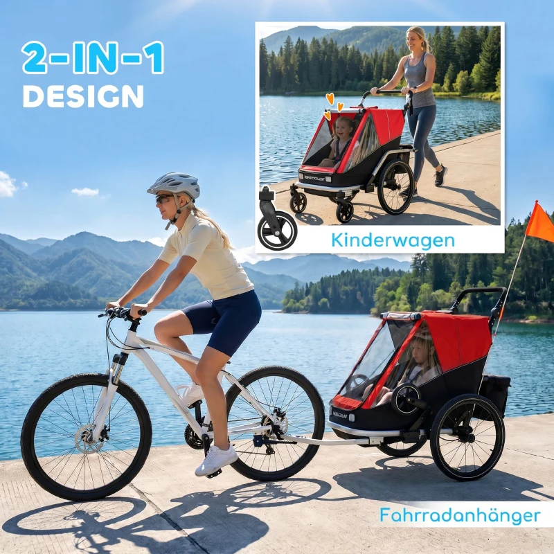 AIYAPLAY Fahrradanhänger für Kinder, 2-Sitzer, 2-in-1 faltbarer Kinderfahrradanhänger mit verstellbarem Sitz und Gurten, Rot