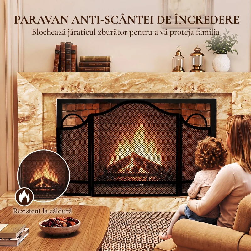 HOMCOM Paravan pentru Șemineu Pliabil cu 3 Panouri, Protecție Anti-Scântei, Metal, 122x1x74 cm, Negru