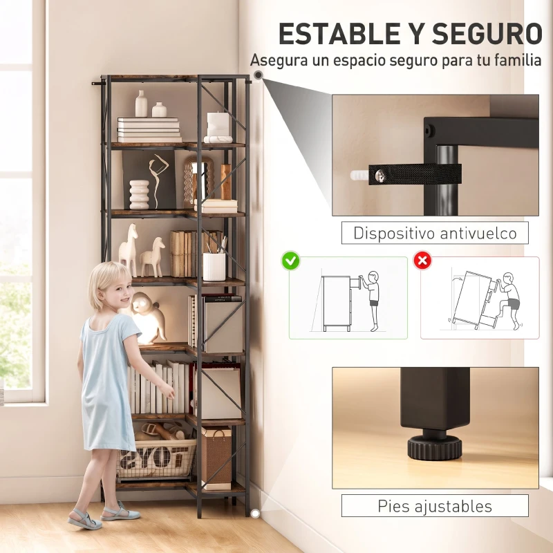HOMCOM Estantería de Esquina de 7 Niveles Estantería Industrial para Dormitorio Salón Estudio 60x60x198 cm Marrón Rústico