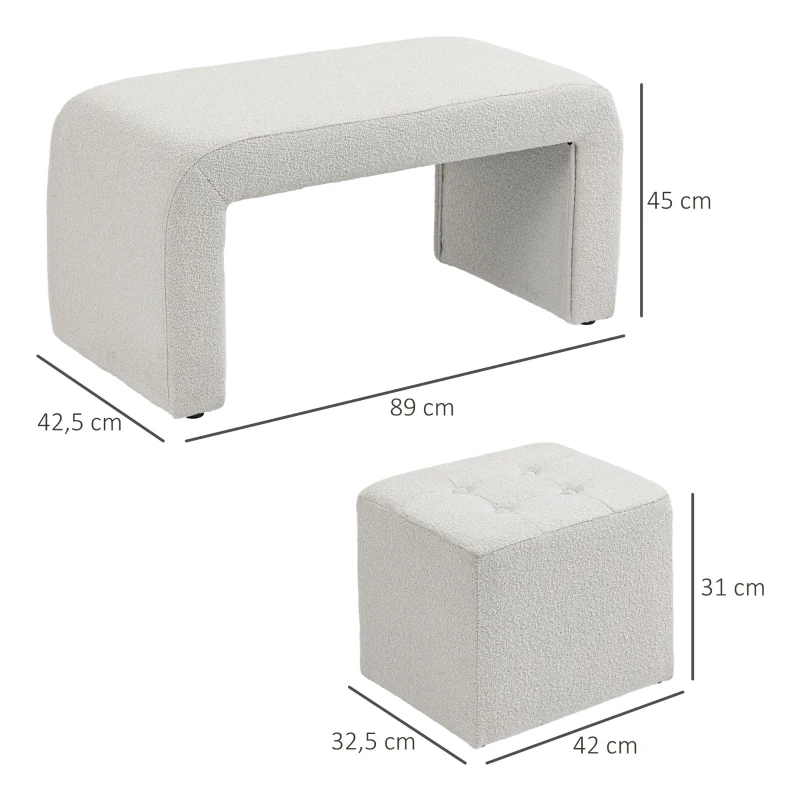 HOMCOM Voetenbankenset - 3-delige voetenbankenset, knoopsgatontwerp, 89 cm x 42,5 cm x 45 cm, crème