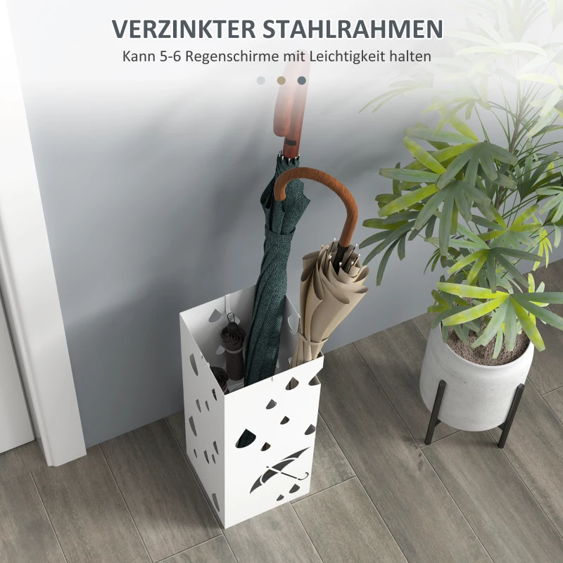 HOMCOM Paraplustandaard, 4 Haken, Wateropvangbak, Staal, Wit