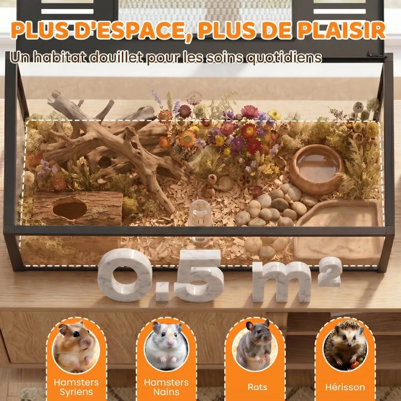 PawHut Cage Hamster Habitat Rongeur Vue Panoramique 360° Structure Robuste en Métal Espace Étanche Profond 100x50x52,5 cm Noir