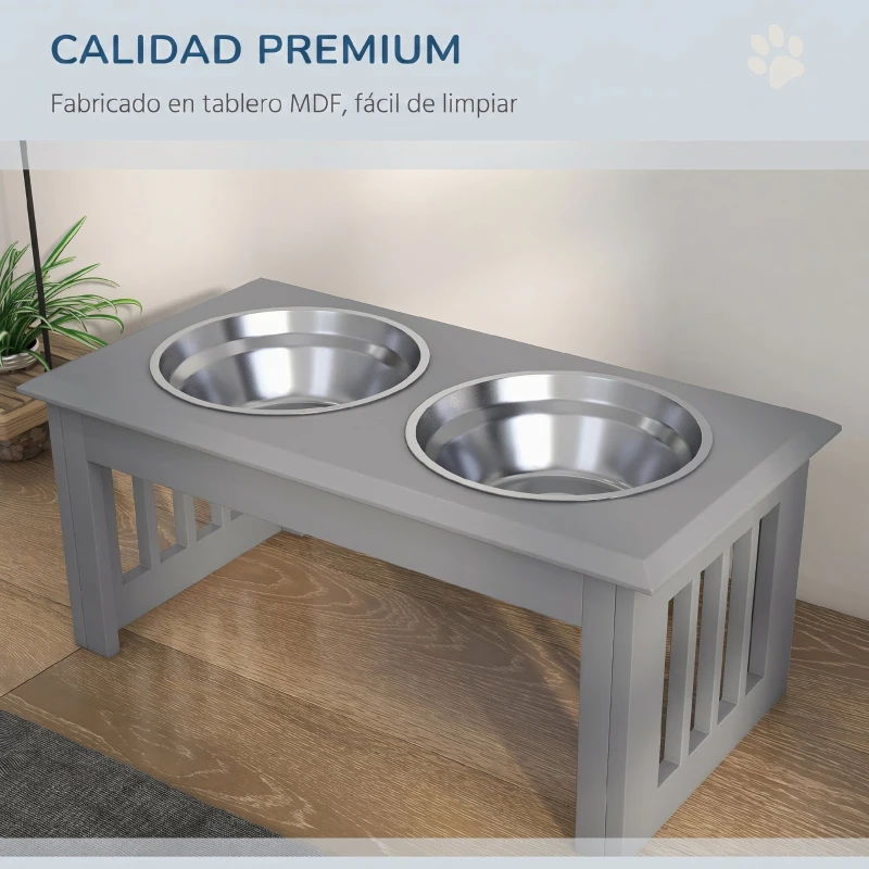 PawHut Comedero Elevado para Perros con 2 Cuencos Extraíbles de Acero Inoxidable 58,4x30,5x25,4 cm Gris