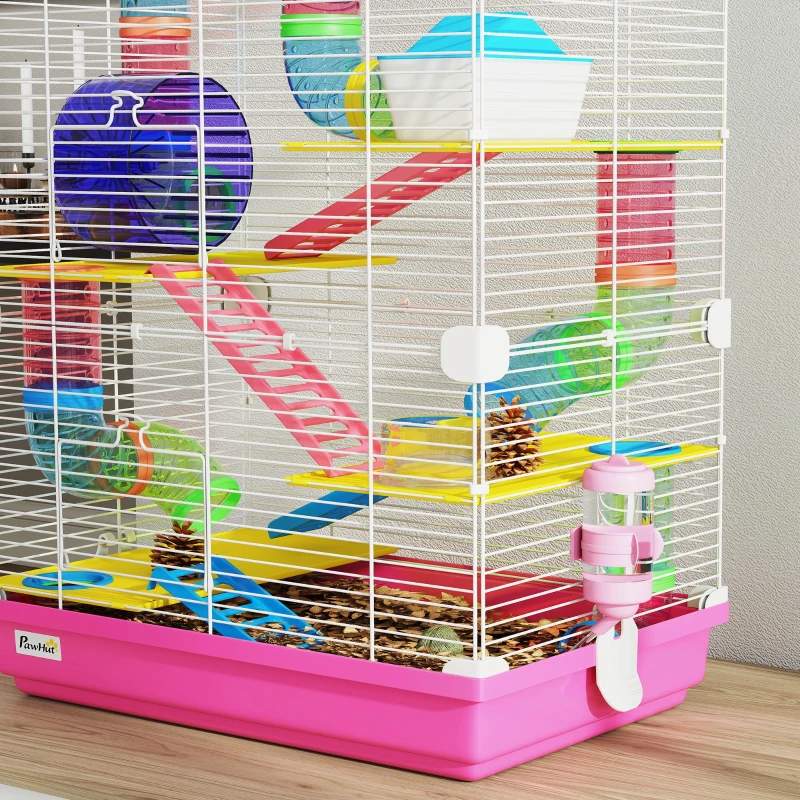 PawHut Cage pour Hamster Rongeur 5 Étages avec Tunnels, Mangeoire, Roue, Maison, Échelles, 46 x 30 x 58 cm, Rose