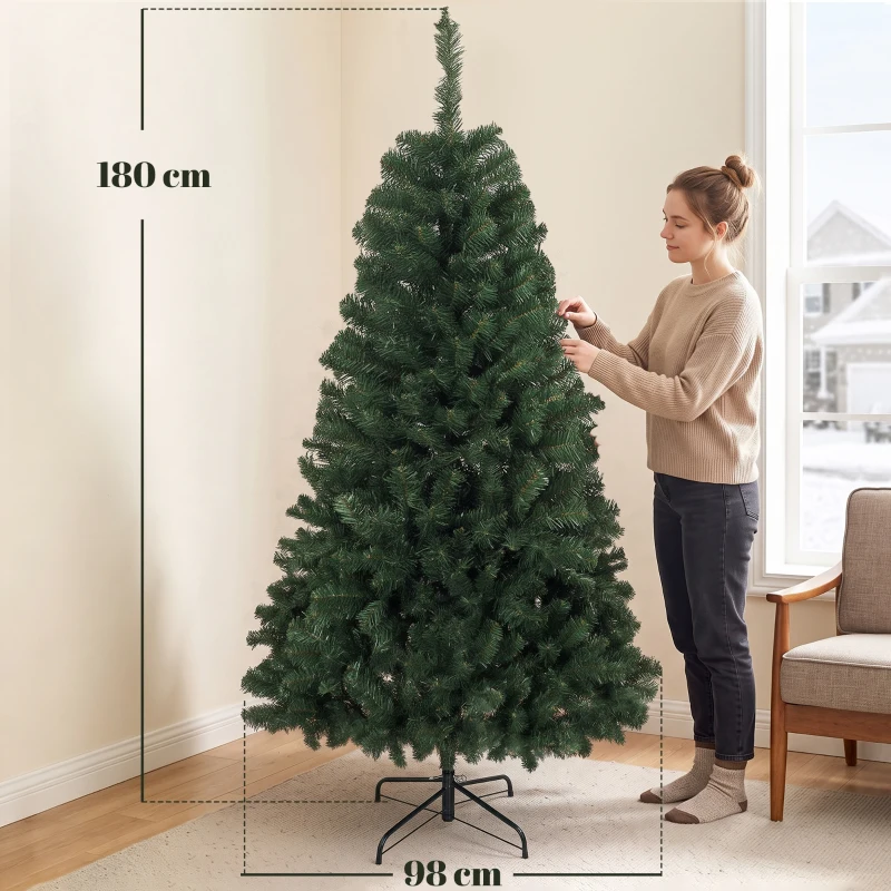 HOMCOM Árbol de Navidad Artificial 180 cm con 888 Ramas Ignífugas Base Metálica Plegable Verde