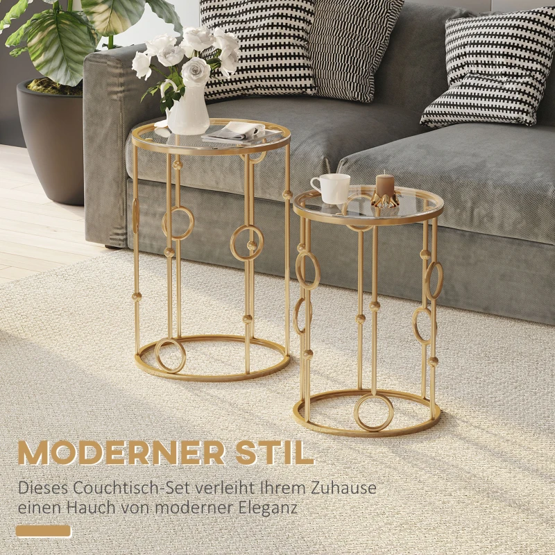 HOMCOM 2-delig Salontafelset, Bijzettafel met Glazen Blad, Woonkamer Tafel met Reifen- en Kogelontwerp Ø41 x 57 cm, Goud