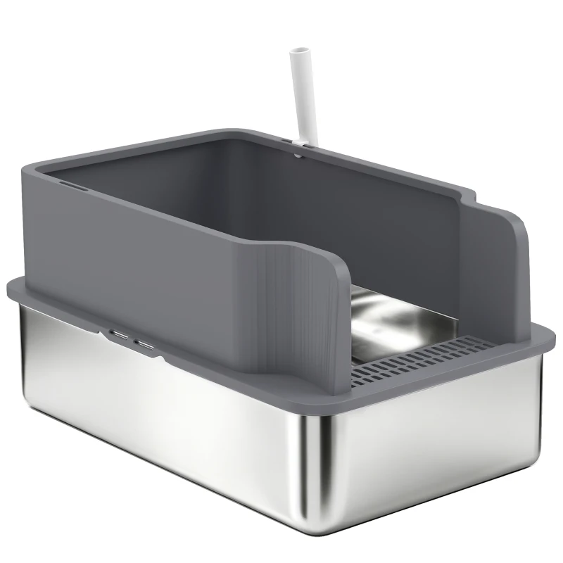 PawHut Arenero para Gatos de Acero Inoxidable L con Bandeja de Tamizado Borde Alto Pala y 10 Empapadores Gris Oscuro