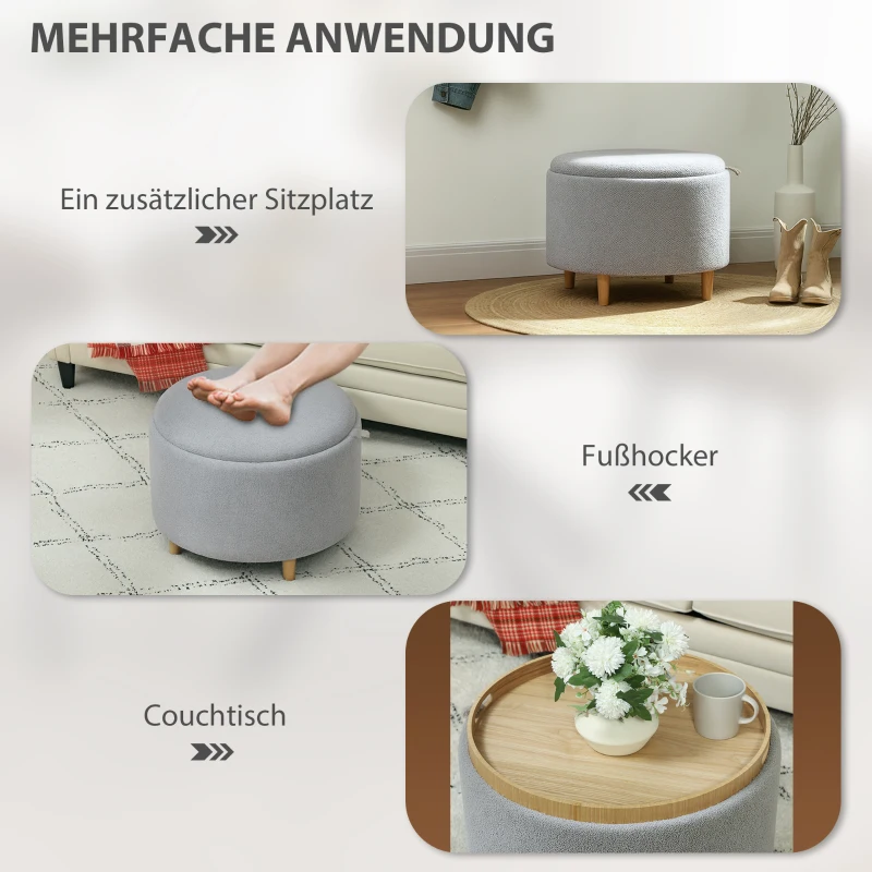 HOMCOM Kruk Gepolsterde Kruk, Teddyfleece, Verborgen Opbergruimte, Omkeerbaar Deksel, 56 cm x 56 cm x 42 cm, Grijs
