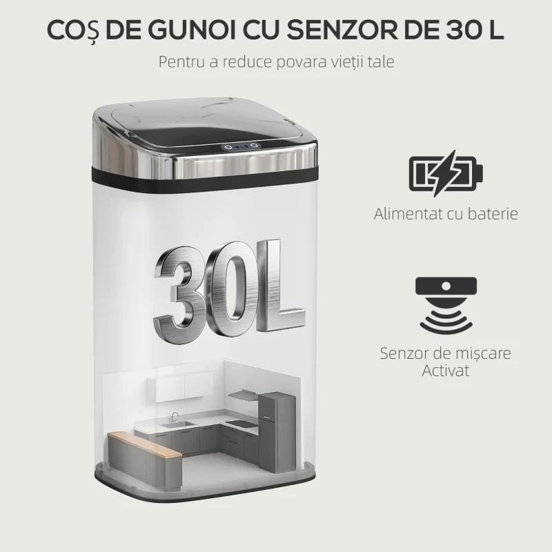 HOMCOM Coș de Gunoi de 30L cu Senzor pentru Deschidere și Închidere Automată, 33x25x57.5 cm, Argintiu