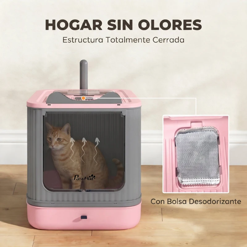 PawHut Arenero para Gatos Cubierto M con Tapa Abatible Salida Superior Pala Bolsas Desodorantes Fácil de Limpiar Rosa