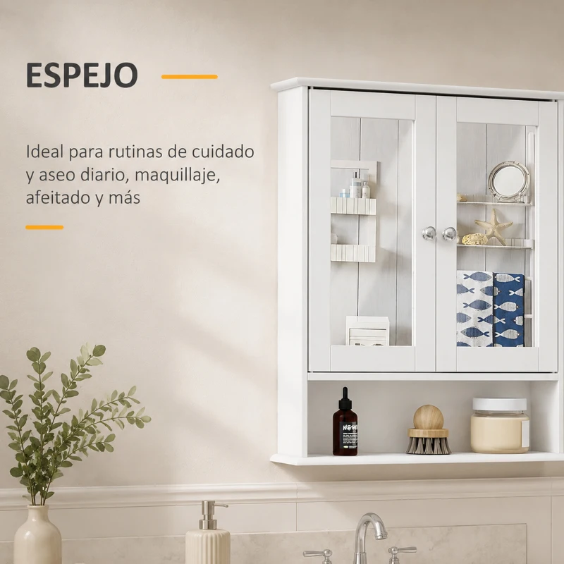 kleankin Armario de Baño con Espejo, Armario de Pared con 2 Puertas, Estante Abierto, Estante Ajustable, Mueble de Baño Colgar para Cocina, Salón, 56x13x58 cm, Blanco