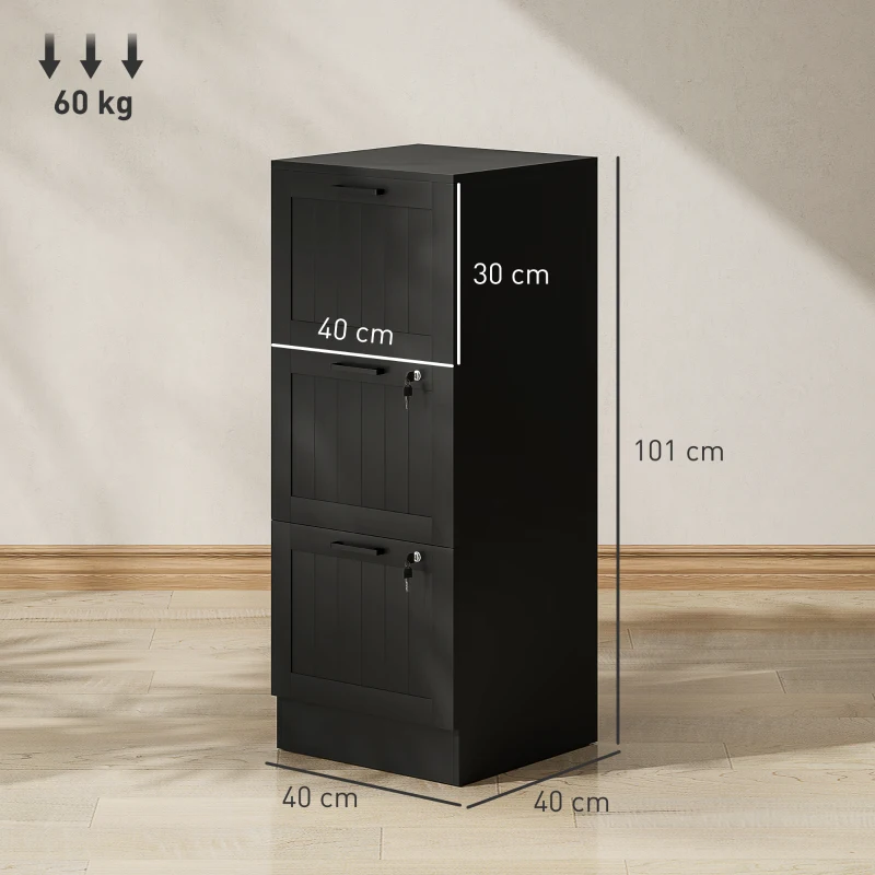 HOMCOM Mueble Archivador con 3 Cajones Cajonera para Escritorio con Cerraduras Carpetas para A4 y Carta 40x40x101 cm Negro