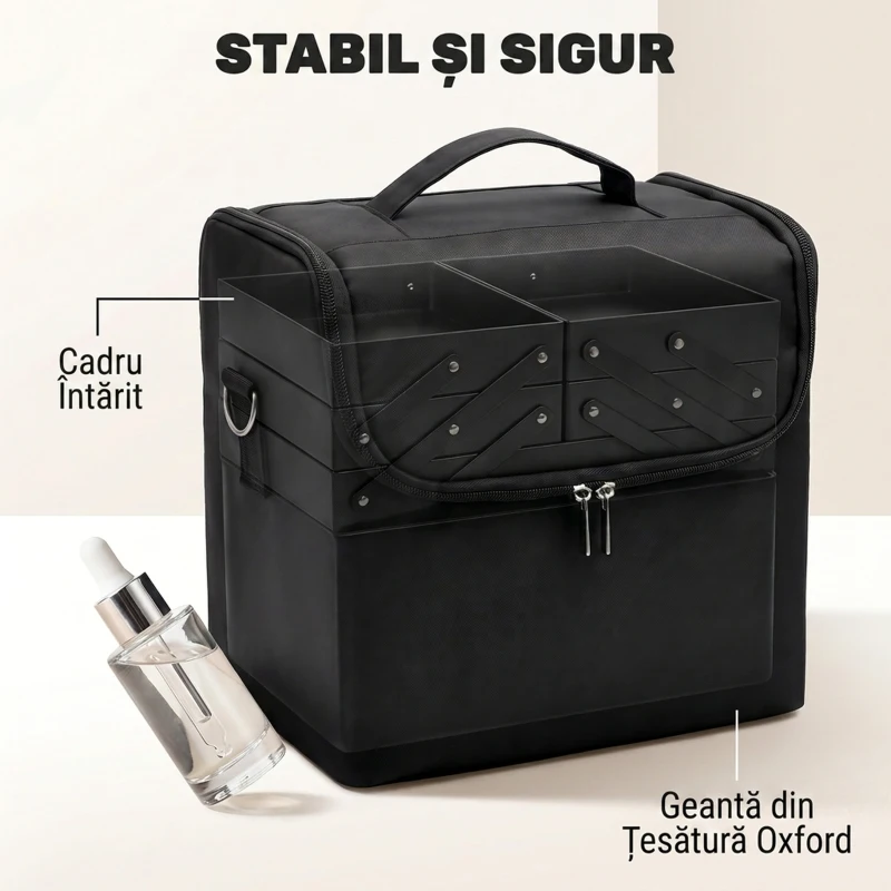 HOMCOM Trusă Machiaj Profesională, 4 Compartimente Interioare Detașabile, Curea și Mâner, 27,5x19,5x24,5 cm, Negru
