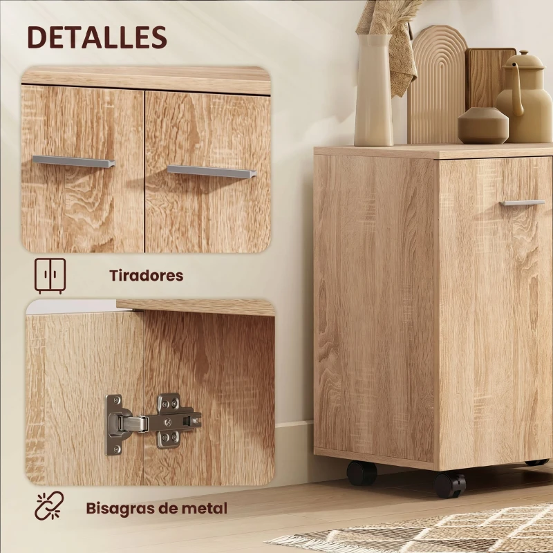 HOMCOM Aparador de Salón conRuedas 2 Puertas y Estantes para Sala de Estar Dormitorio Oficina 60x35x65 cm Natural