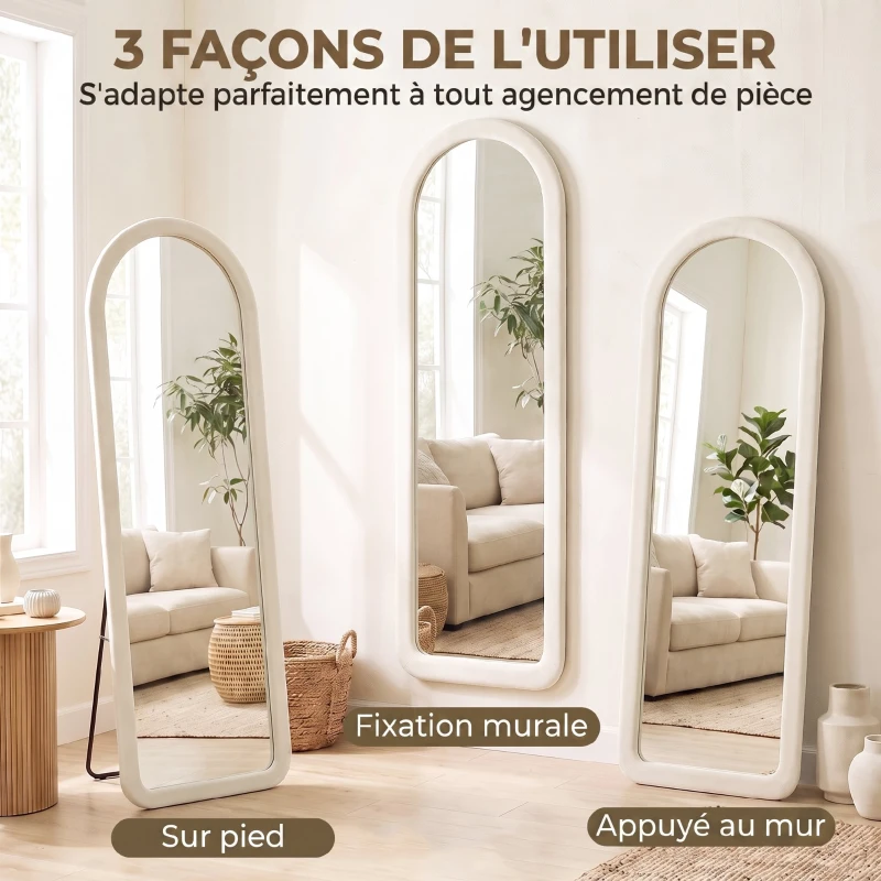 HOMCOM Miroir de Sol Arqué Pleine Longueur 160x60cm, Grand Miroir sur Pied ou Mural, Cadre Effet Velours, Verre Trempé, Crème