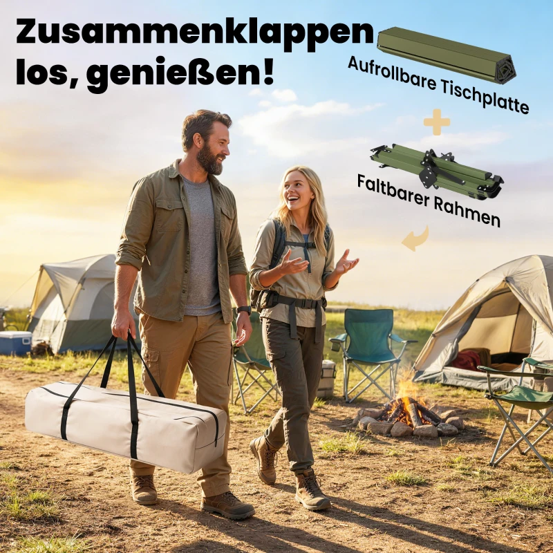 Outsunny Campingtisch Klapptisch mit Aufrollbarer Tischplatte, X-Rahmen Tragetasche 116 x 59 cm Militärgrün