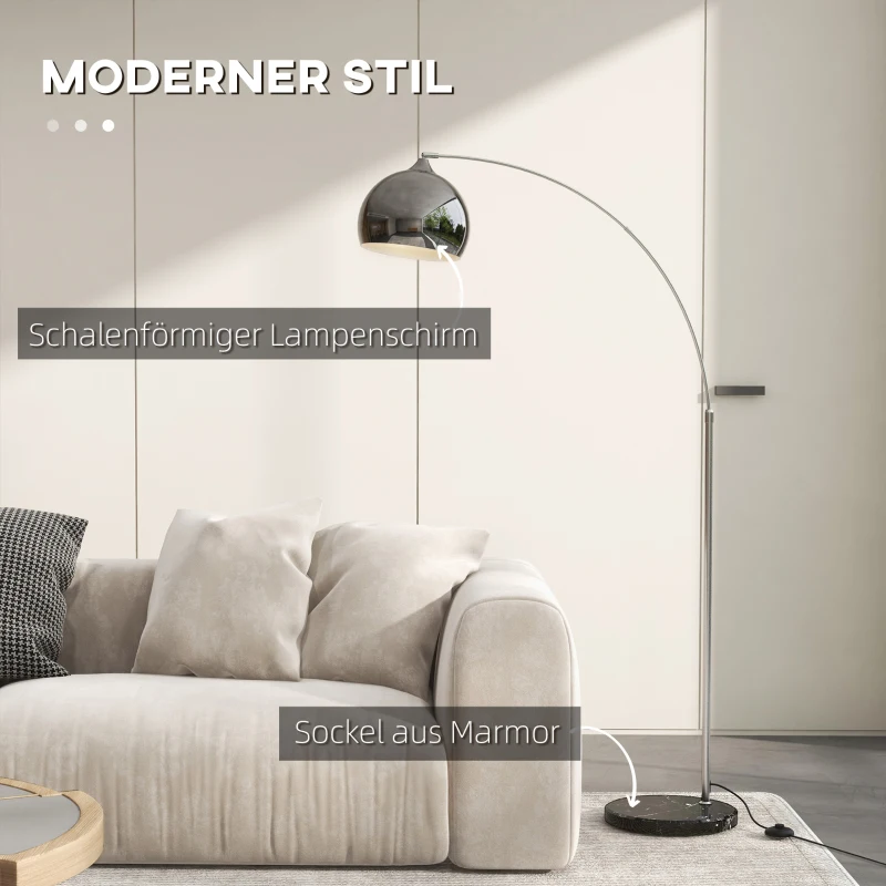 HOMCOM Booglamp, Staande Lamp, Verstelbaar, Voetschakelaar, Voet in Marmerlook, 170-180cm, Zilver/Zwart(m-4)
