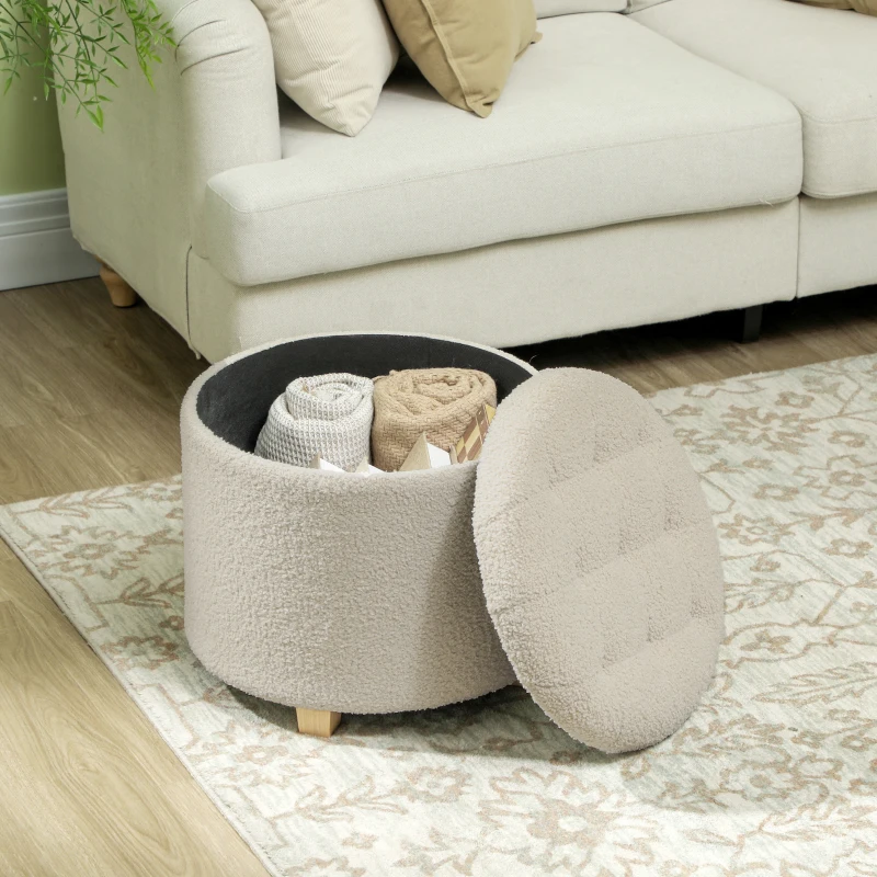 HOMCOM Ronde Kruk met Opbergruimte, Deksel en Houten Poten, Voetenbankje voor Woonkamer, Hal, Slaapkamer, Crèmewit