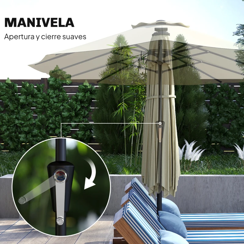 Outsunny Sombrilla Doble de Jardín 4x2 m con 36 Luces LED UPF50+ Manivela 12 Varillas  Resistente al Agua Beige