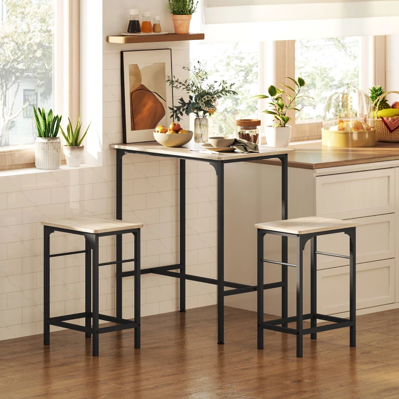 HOMCOM Bartafel Set met Barkrukken Eettafel met 2 Stoelen met Antislip Voetpad Natuurlijk Hout