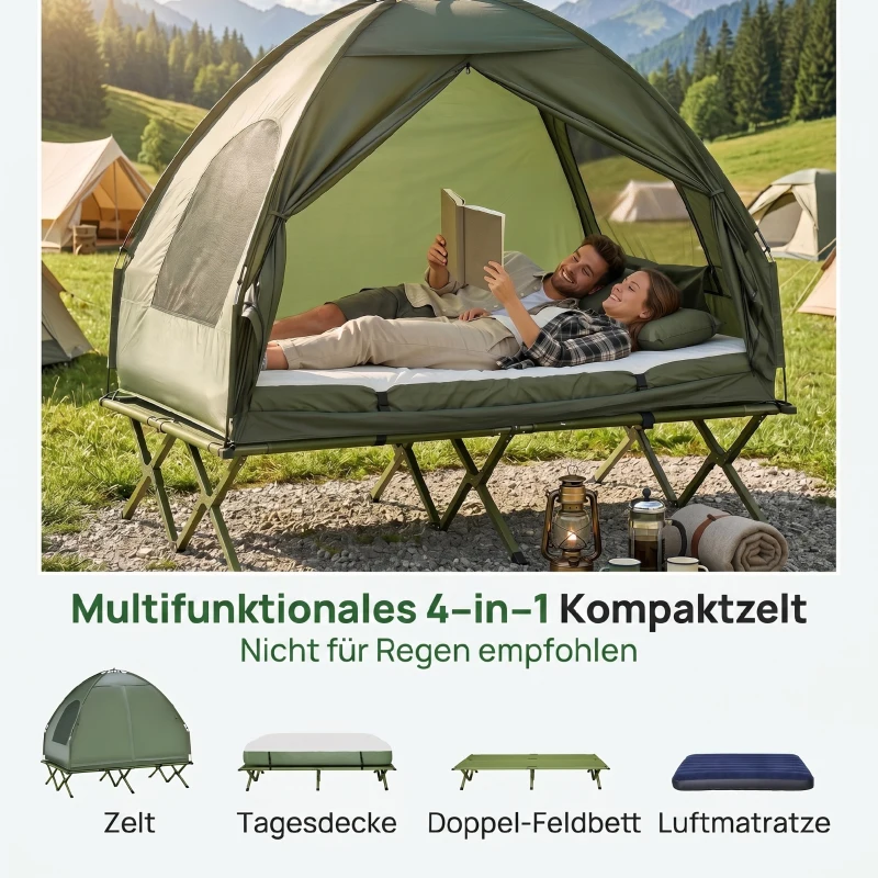 Outsunny Campingzelt-Set für 2 Personen mit Feldbett und Luftmatratze Grün
