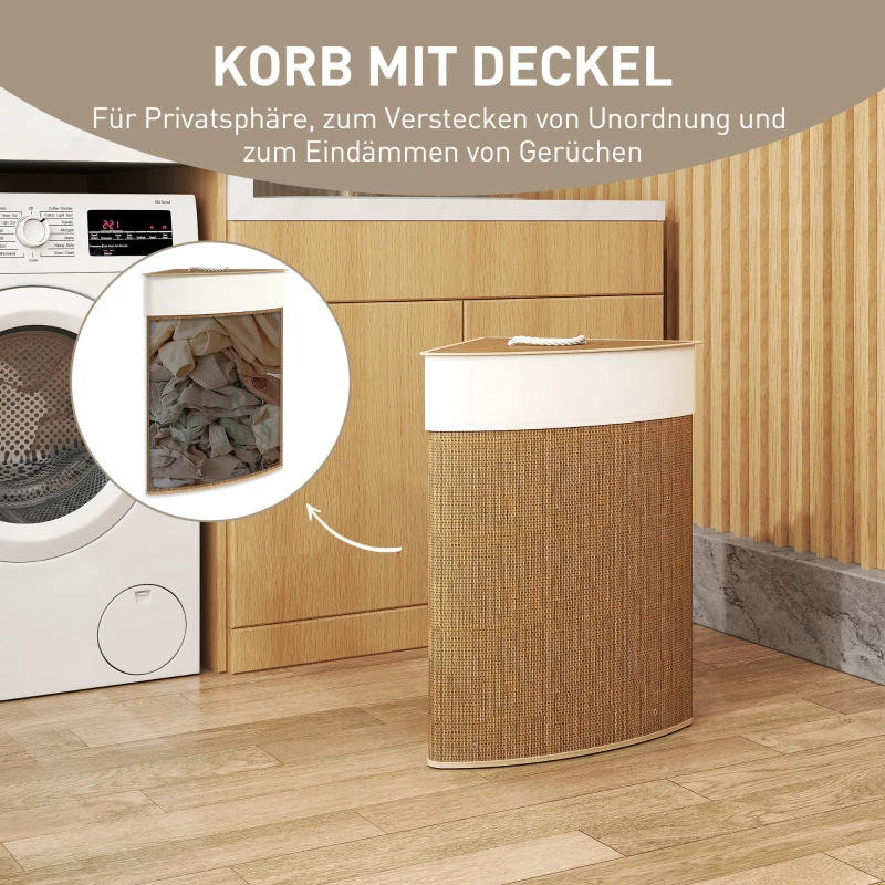 HOMCOM Wasmand in Hoekontwerp, Bamboe Vlechtwerk, 55 Liter, Stoffen Zak, Metalen Frame, Bruin