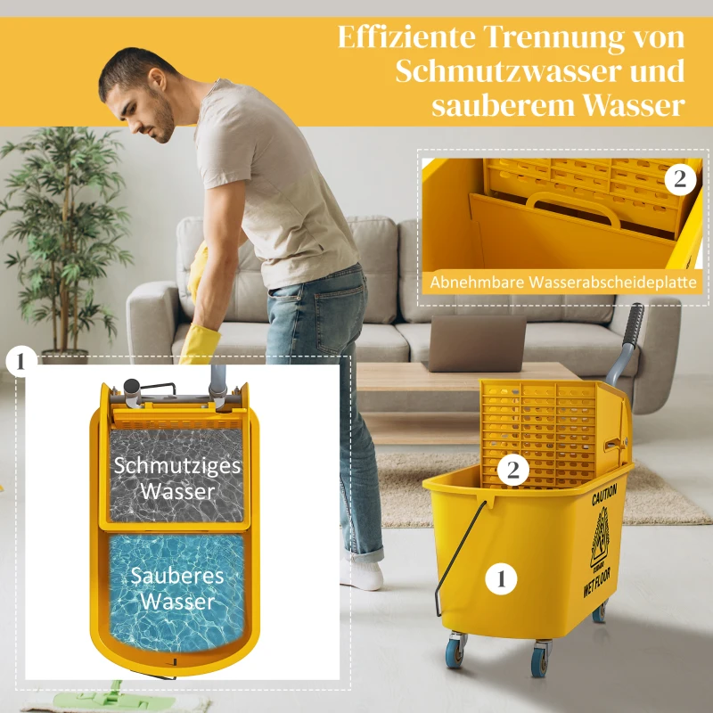HOMCOM Schoonmaakwagen 20L Poetswagen met Pers en Veegset, Emmer incl. Mop, Rol(m-5)