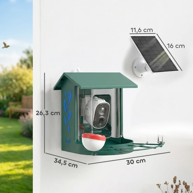 PawHut Mangeoire à Oiseaux avec Caméra 2K Solaire 2,5L 142°, Identification IA 16000+, App, IP65, SD 32 Go, 30x34,5x26,3cm Vert