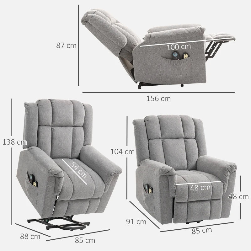 HOMCOM Powerlift-stoel, Massagestoel met Verwarmingsfunctie, Polsterstoel met Voetsteun, Zijvak, Stofbekleding, Donkergrijs