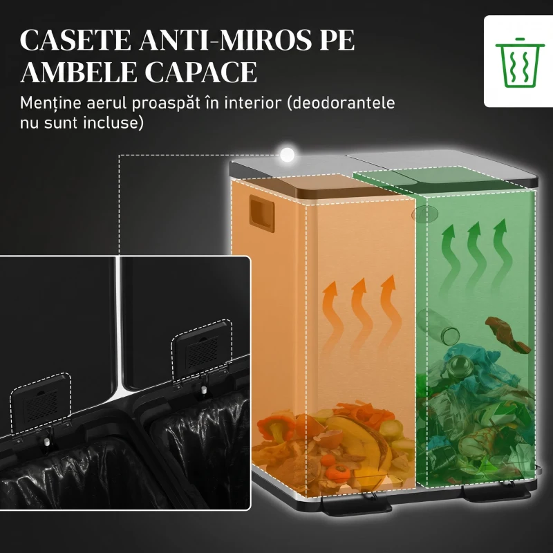 HOMCOM Coș de Gunoi cu 2 Compartimente de 20L cu Închidere Silențioasă, din Oțel Inoxidabil și PP, 45.8x36x51.6 cm