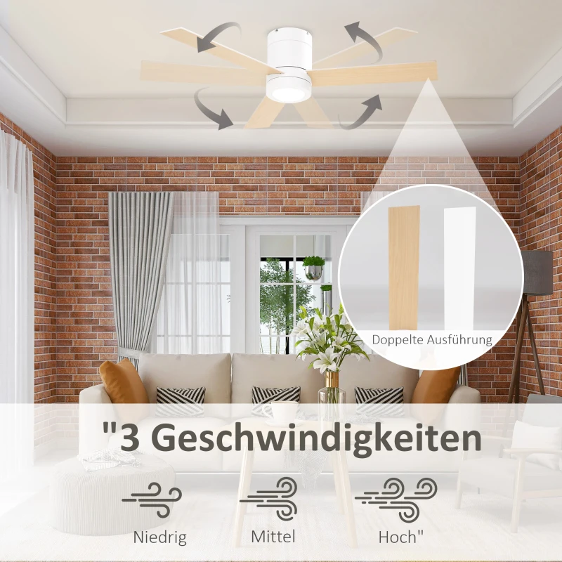 HOMCOM Plafondventilator met LED-licht, 2-in-1 ontwerp, met timer, afstandsbediening, plafondlamp met ventilator, Wit+Natuurhout