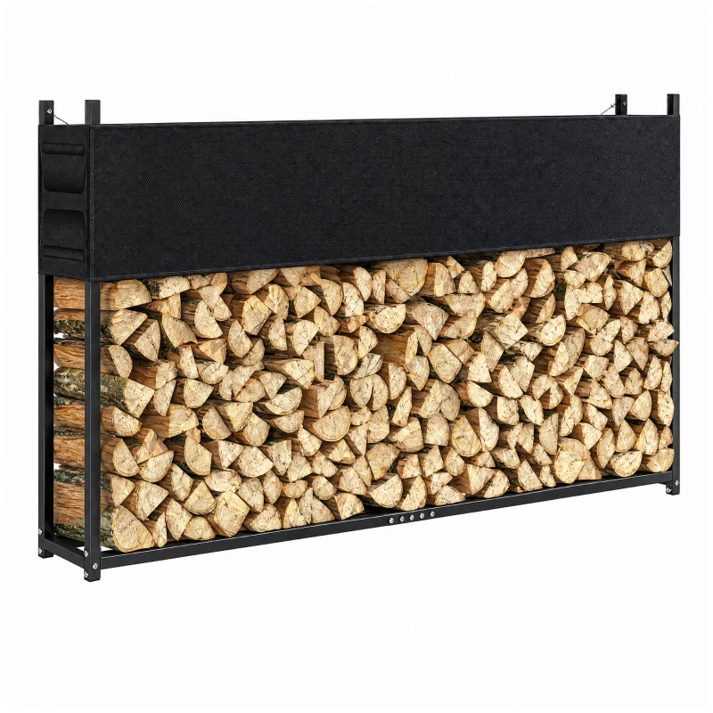 Outsunny Kaminholzregal 202 x 25 x 113 cm Brennholzregal mit 600D-Oxford-Abdeckung Stahlrahmen bis 500 kg Schwarz