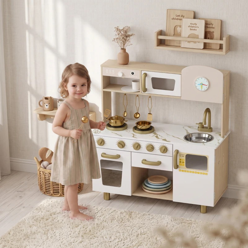 AIYAPLAY Cuisine Enfant en Bois, Dinette Cuisine Enfant avec Ustensiles en Acier Inoxydable, pour 3 à 6 Ans, 74x29x81cm, Blanc
