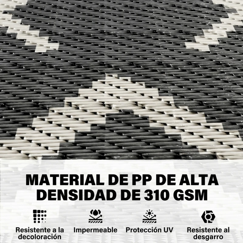 Outsunny Alfombra de Exterior Reversible 182x274 cm con Patrón Geométrico de Cenefa Impermeable con Bolsa Gris y Blanco