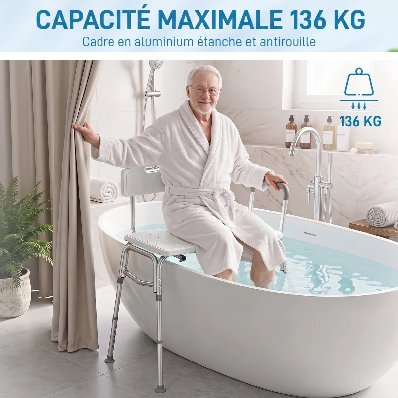 HOMCOM Banc de Transfert Baignoire, Hauteur Réglable à 10 Niveaux, Large Assise, Dossier, Accoudoir, 86x60x89-101cm, Blanc