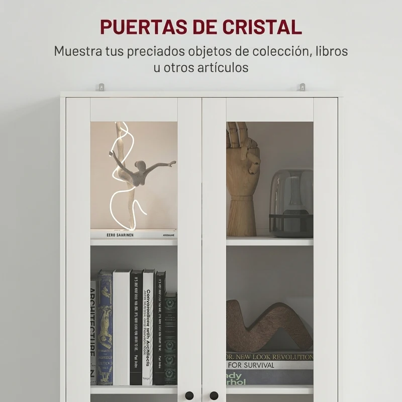 HOMCOM Aparador de Cocina con Armario y 2 Cajones, Puertas de Vidrio y Estantes Regulables, 59x30x164 cm, Blanco