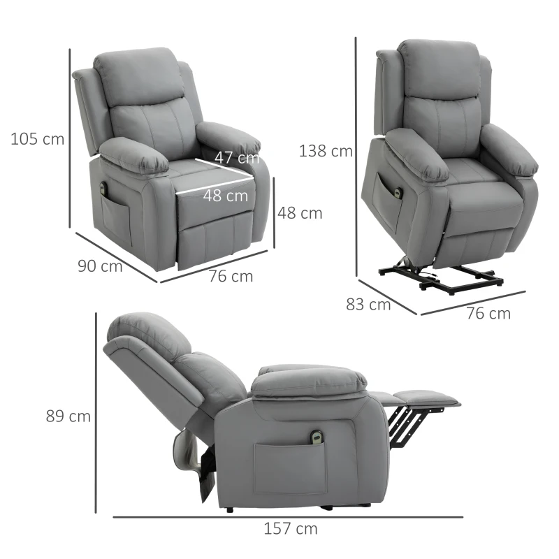 HOMCOM Elektrische opsta-fauteuil, afstandsbediening, kunstleerbekleding, gestoffeerde fauteuil met opsta-functie, Grijs