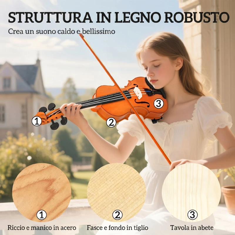 HOMCOM Violino 4/4 in Legno per Principianti e Adulti con Custodia, Arco, Spalliera e Pece, Manico e Testa in Acero, Nero