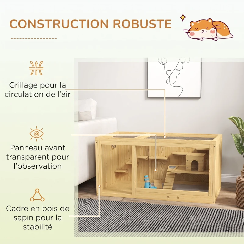 PawHut Cage Hamster Habitat pour Rongeurs Souris Plusieurs Niveaux Plateformes Échelle Balançoires 100 x 50 x 50 cm Naturel