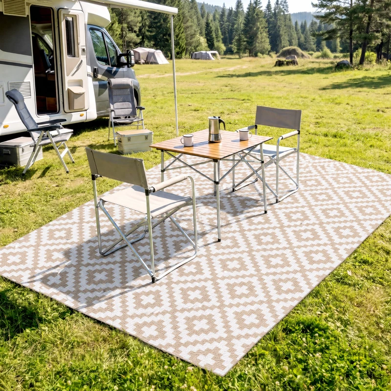 Outsunny Tapis extérieur Style Graphique - Tapis réversible 2 Motifs - 2,74L x 1,82l m - PP 310 g/m² Blanc Beige