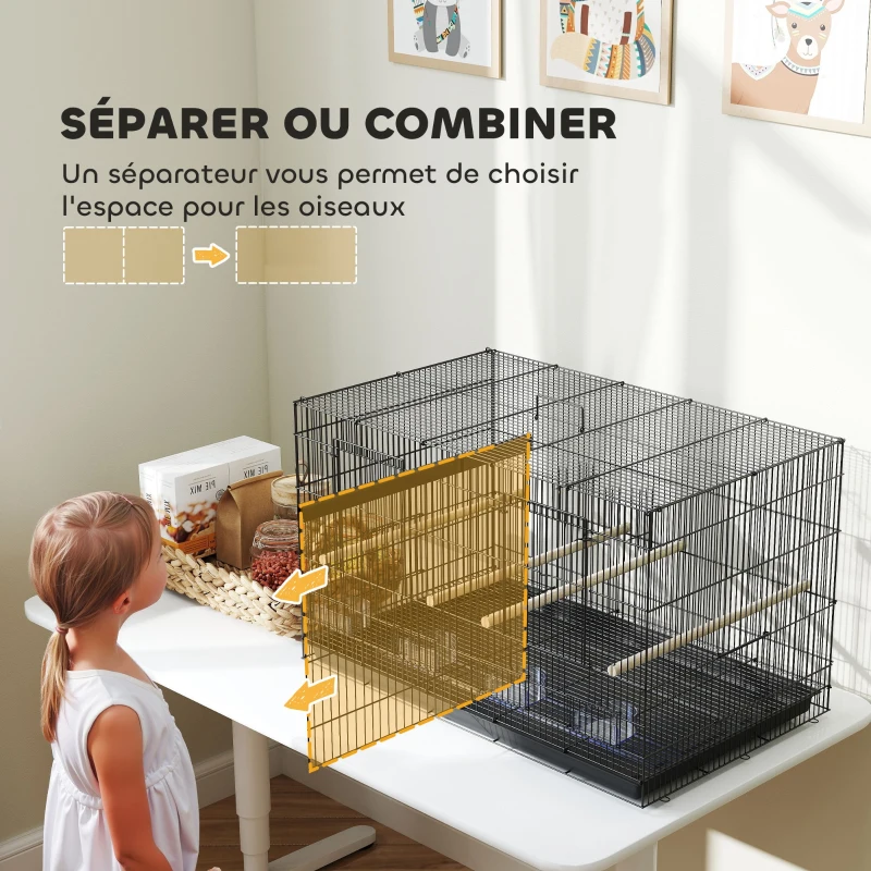 PawHut Cage à oiseaux volière intérieur acier avec séparateur 4 perchoirs plateau coulissant 4 mangeoires 76 x 46 x 46 cm noir