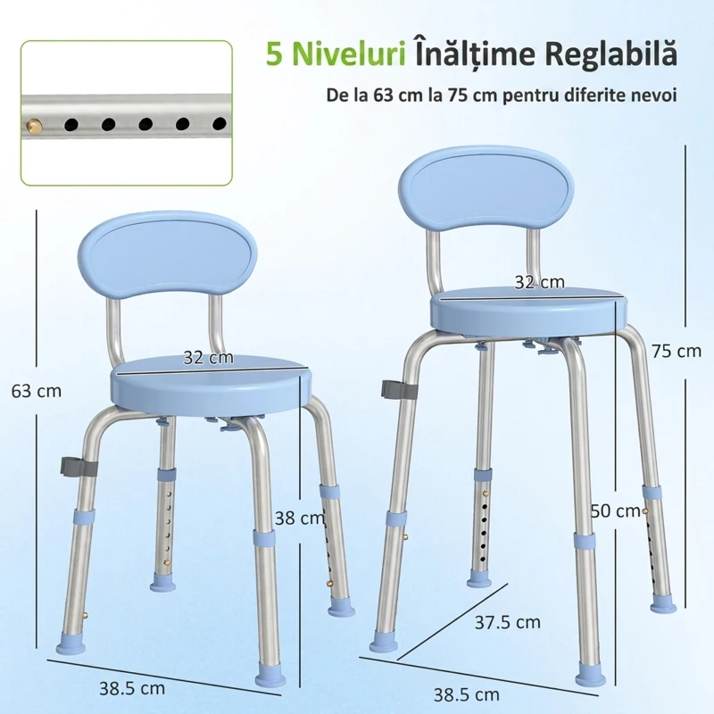 HOMCOM Scaun de Duș Rotativ 360° cu Spătar, Înălțime Reglabilă, Albastru Deschis
