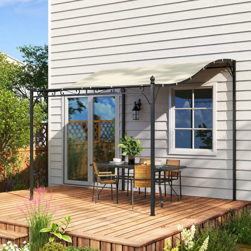 Pergola Outsunny Adosată Curbată cu 16 Orificii de Drenaj, din Metal și Poliester, 248x298x200/250 cm, Crem