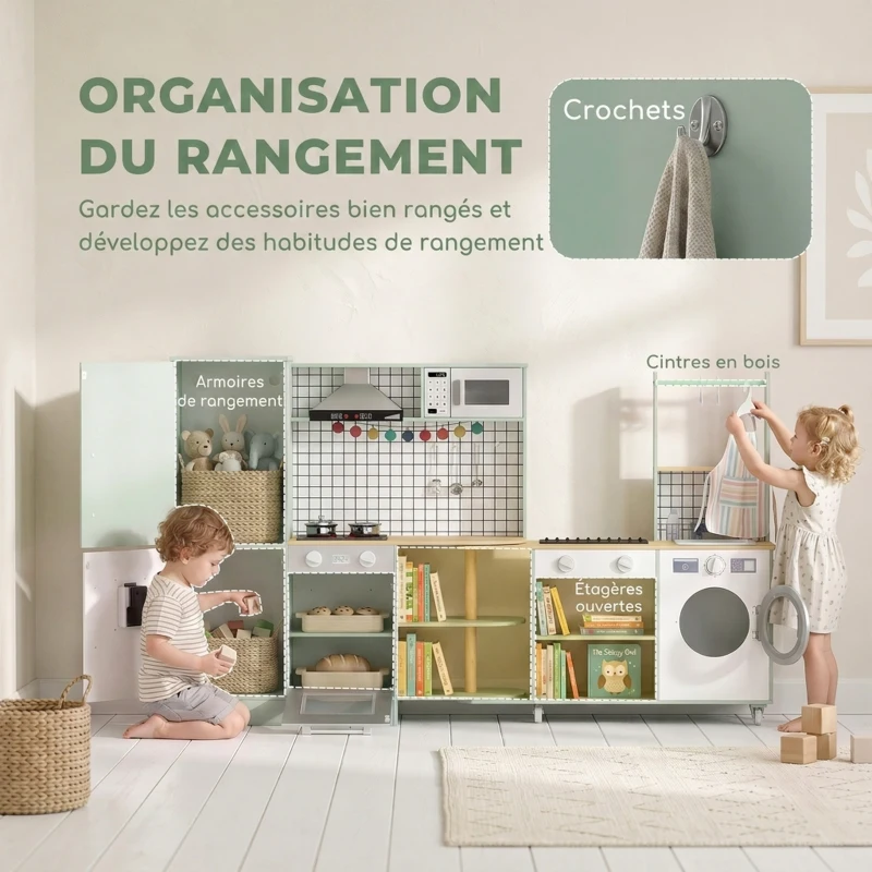 AIYAPLAY Cuisine Enfant Jouet d'Imitation, Micro-Ondes, Four, Plateau Rotatif sur Roulettes, 160x32x97,5cm, Vert Clair
